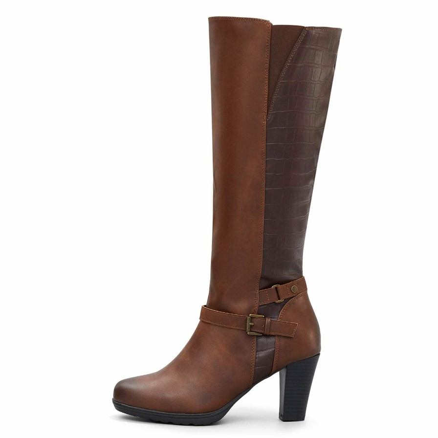 Women my soft Heeled Boots | Brown Croc Wide Calf Elasticated Knee High Boots