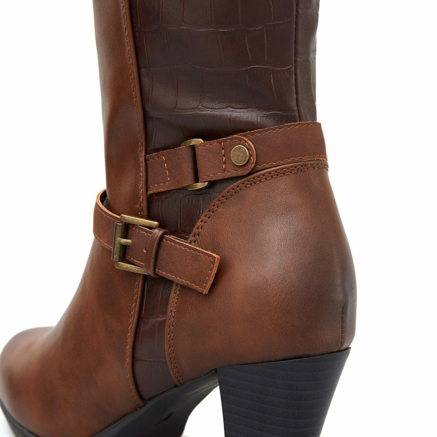 Women my soft Heeled Boots | Brown Croc Wide Calf Elasticated Knee High Boots