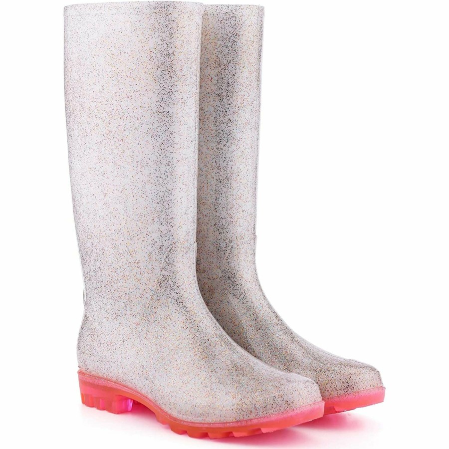 Women my soft | Silver Glitter Pink Sole Tall Waterproof Rain Boots