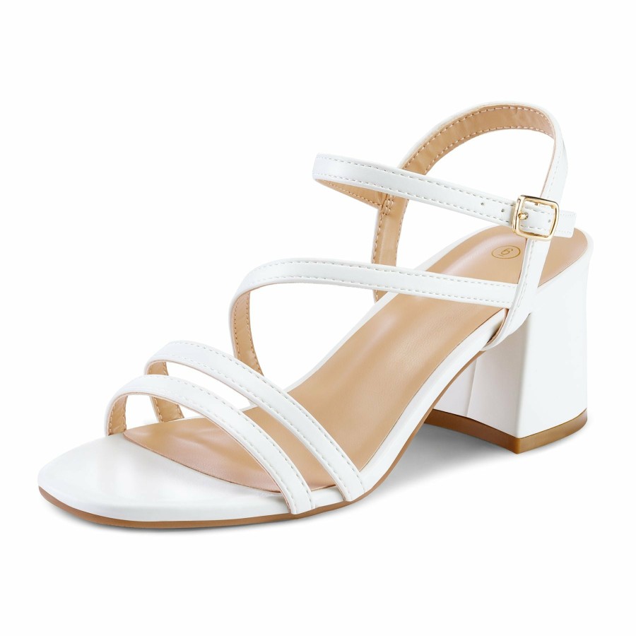 Women my soft Dress Heels | Asymmetric Strap Square Toe Block Heel Sandals White