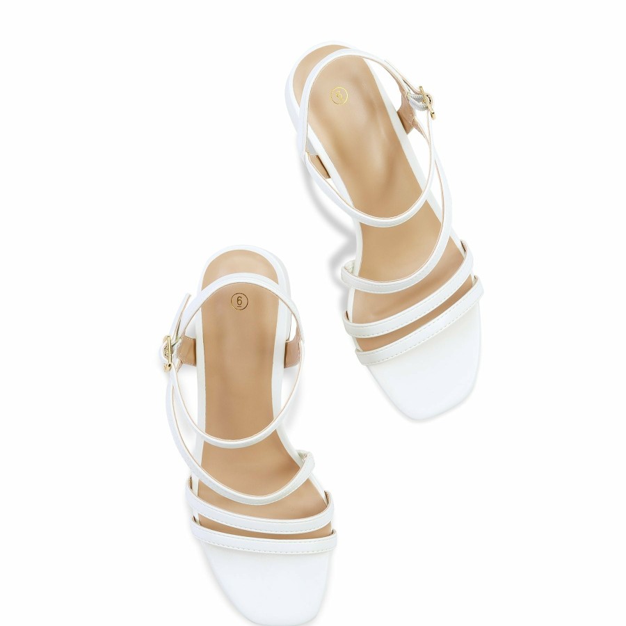 Women my soft Dress Heels | Asymmetric Strap Square Toe Block Heel Sandals White