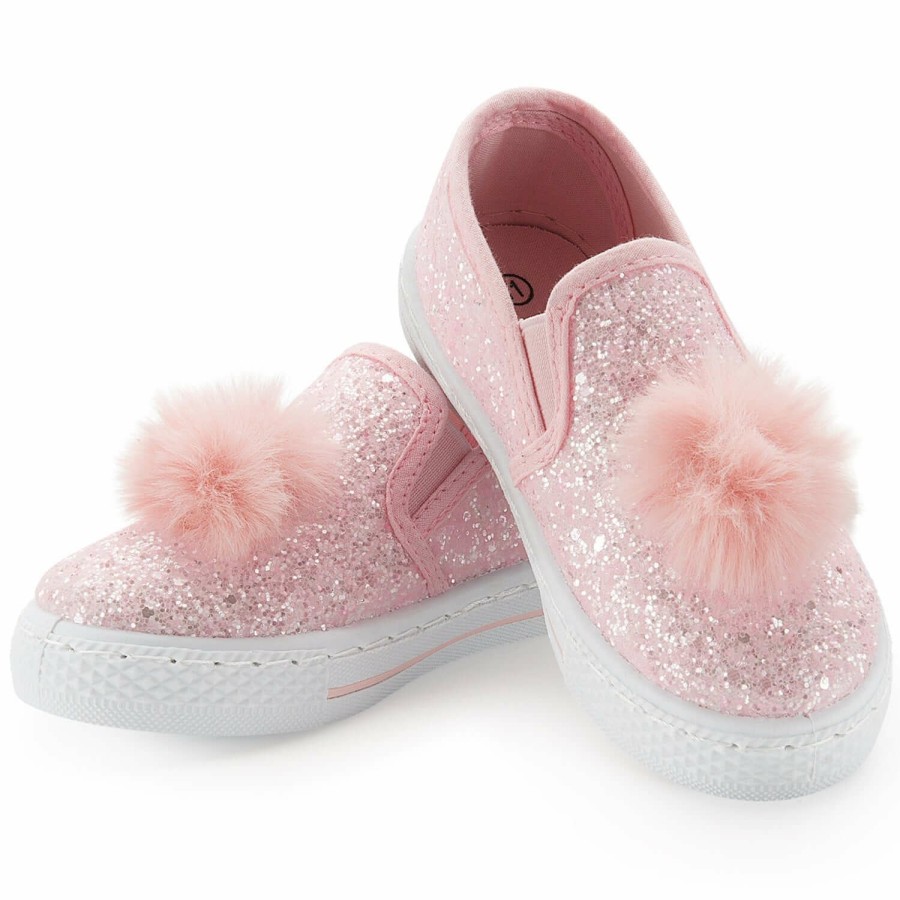 Kids my soft | Pink Shiny Glitter Pom Pom Slip On Shoes