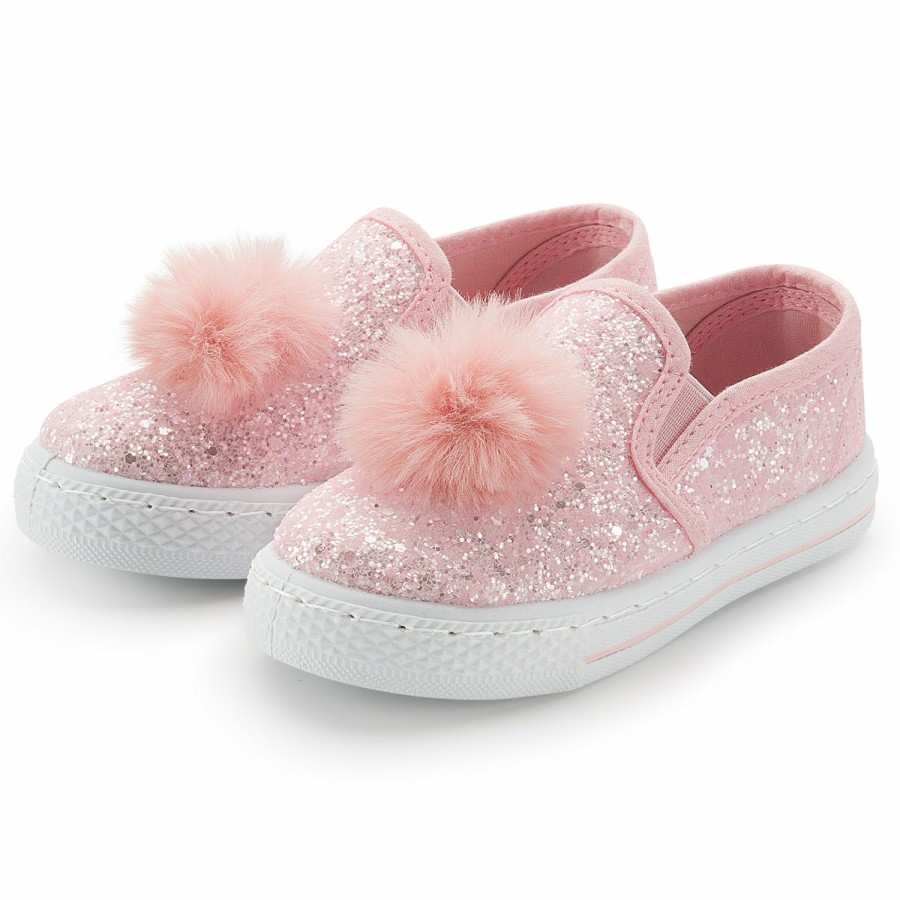 Kids my soft | Pink Shiny Glitter Pom Pom Slip On Shoes