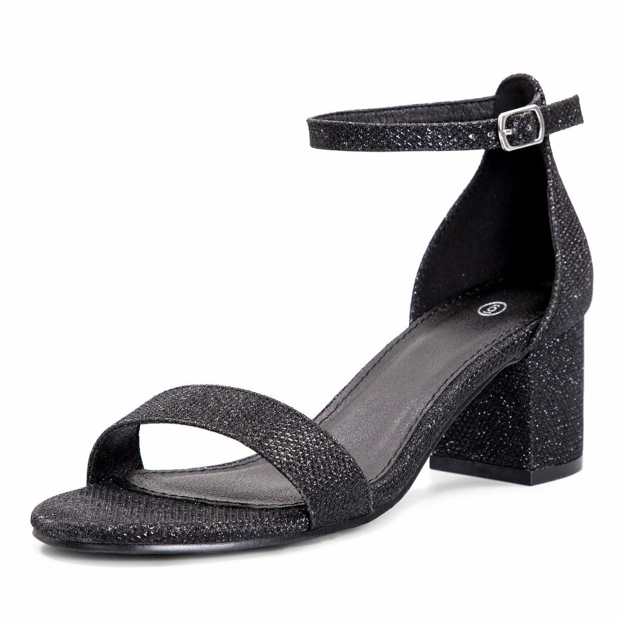 Women my soft Dress Heels | Black Glitter Ankle Strap Round Toe Low Heel Sandals