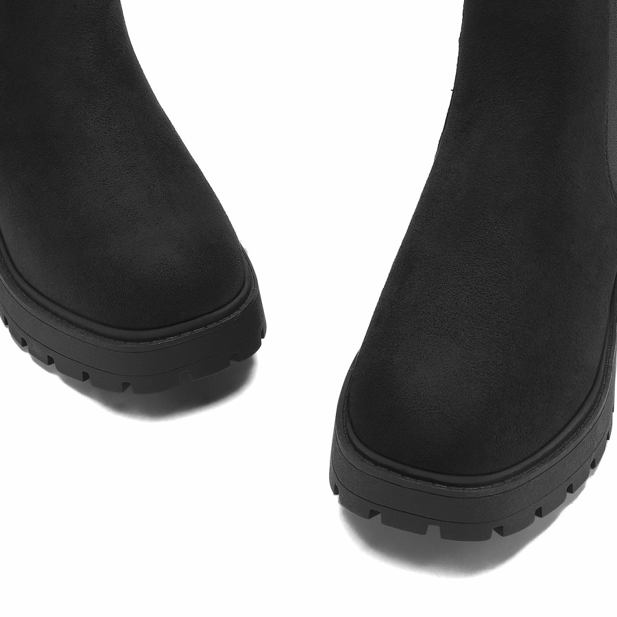 Women my soft Casual Boots | Chunky Heel Lug Sole Platform Chelsea Boots Black Suede