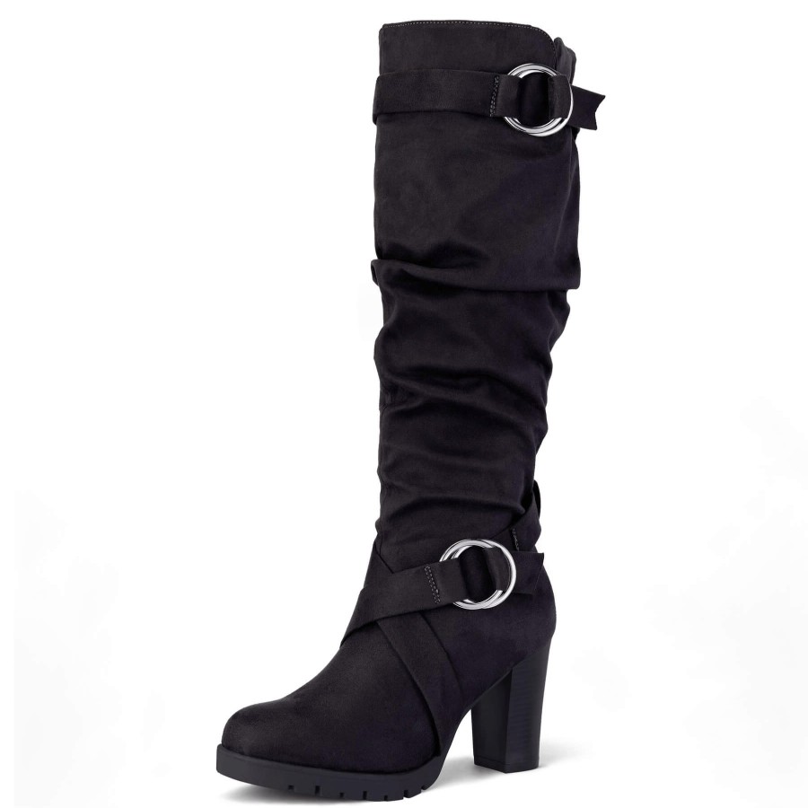 Women my soft Heeled Boots | Round Buckle Side Zip 4" Heel Knee Boots