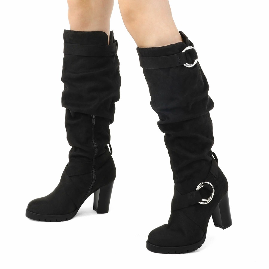 Women my soft Heeled Boots | Round Buckle Side Zip 4" Heel Knee Boots