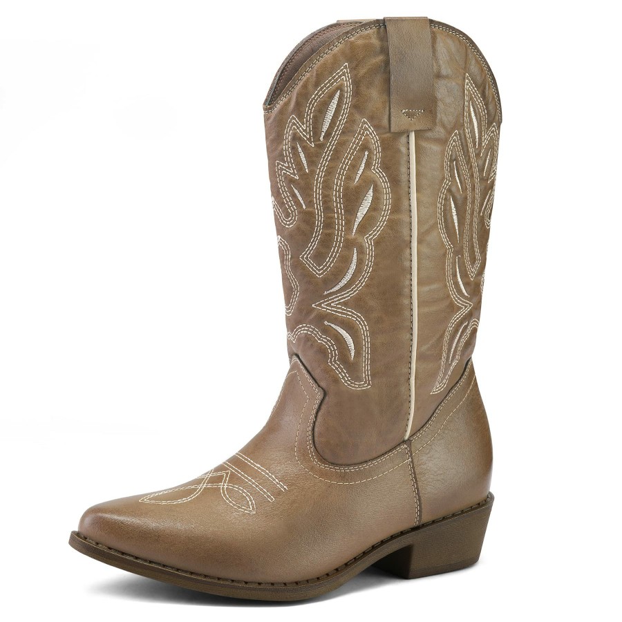 Women my soft Cowboy & Cowgirl Boots | Embroidered Mid-Calf Western Light-Brown Boots