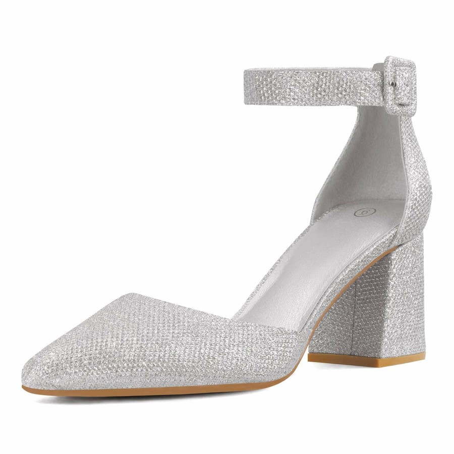 Women my soft Dress Heels | 2.5" Pointed Toe Ankle Strap Low Chunky Heels Silver