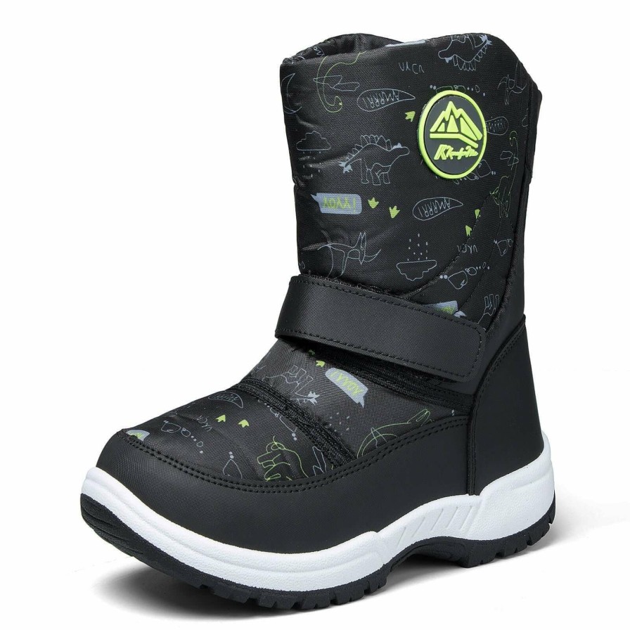 Kids my soft | Green Dinosaur Warm Waterproof Black Snow Boots