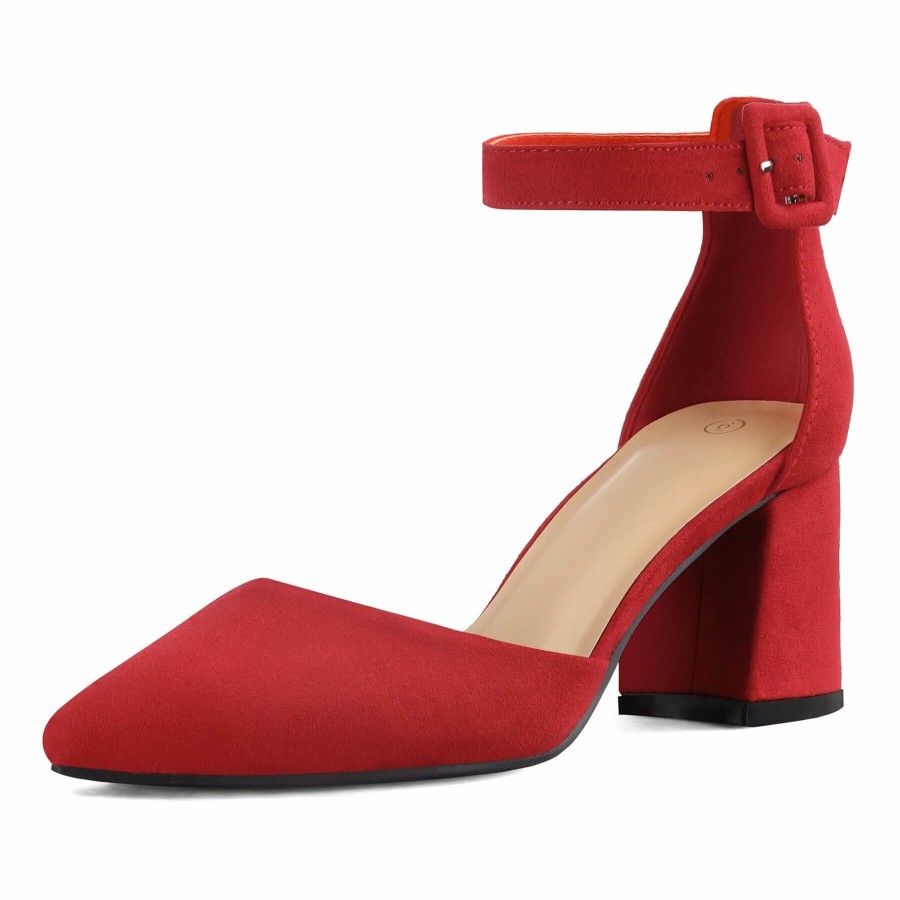 Women my soft Dress Heels | 2.5" Pointed Toe Closed Toe Ankle Strap Low Chunky Heels Red