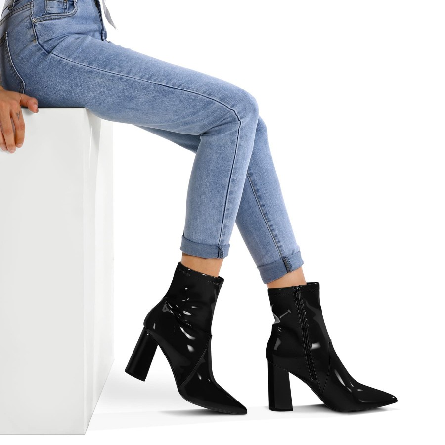 Women my soft Heeled Boots | Patent Leather Pointed Toe Block Heel Boots