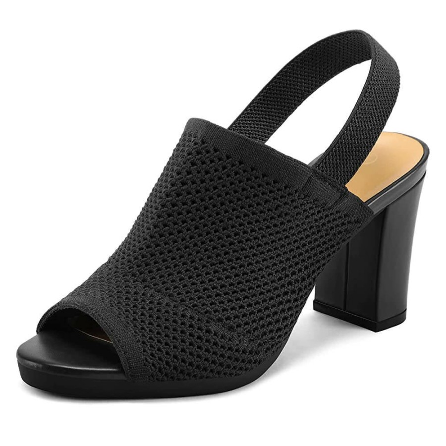 Women my soft Block Heels | Dark Elastic Slingback Open Toe Chunky Heel Sandals