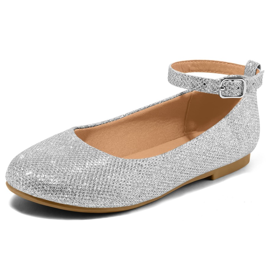 Kids my soft | Kids Dress Shoes-Silver Glitter Ankle Strap Ballet Flats