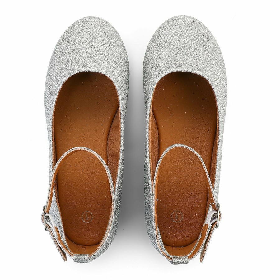 Kids my soft | Kids Dress Shoes-Silver Glitter Ankle Strap Ballet Flats