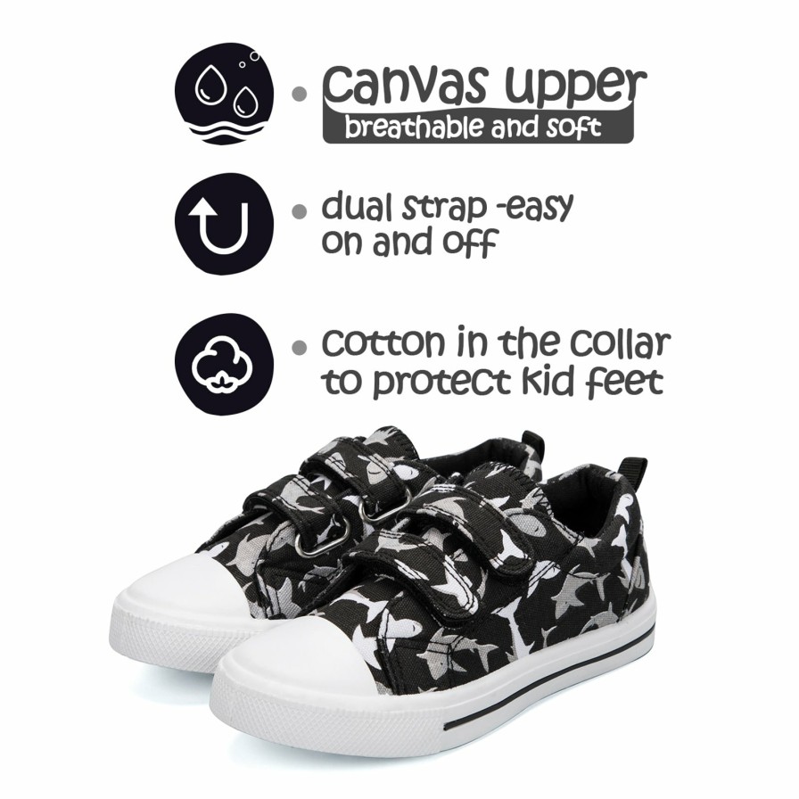 Kids my soft | Shark Graphic Double Velcro Black Canvas Sneakers