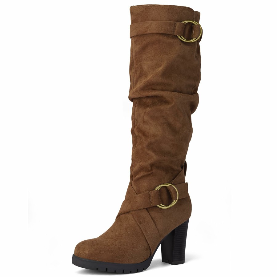 Women my soft Knee High Boots | Round Buckle Stacked Knee High Boots With Side Zippers