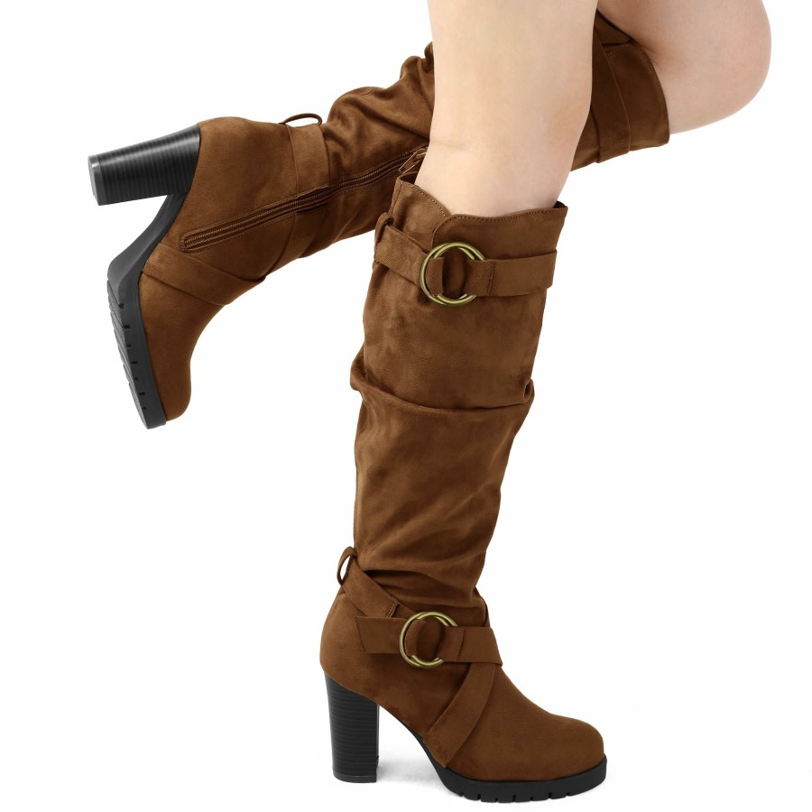 Women my soft Knee High Boots | Round Buckle Stacked Knee High Boots With Side Zippers