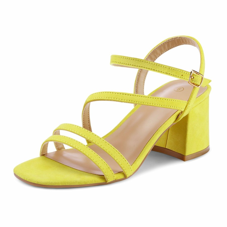 Women my soft Dress Heels | Bright Asymmetric Strap Square Toe Sandals Yellow