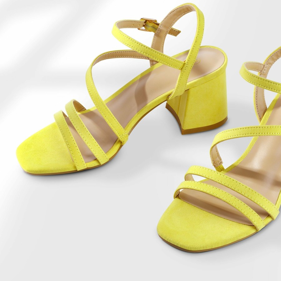 Women my soft Dress Heels | Bright Asymmetric Strap Square Toe Sandals Yellow