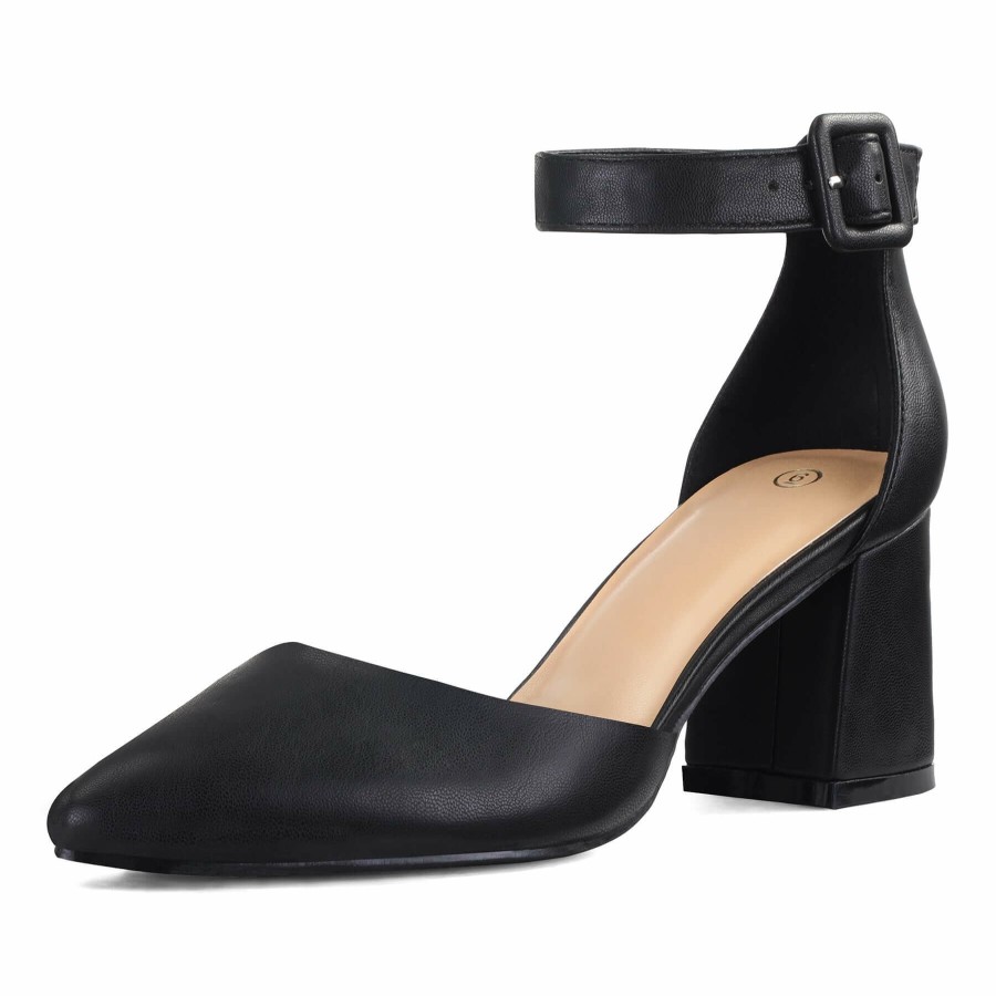 Women my soft Dress Heels | 2.5" Pointed Toe Closed Toe Ankle Strap Low Chunky Heels Black