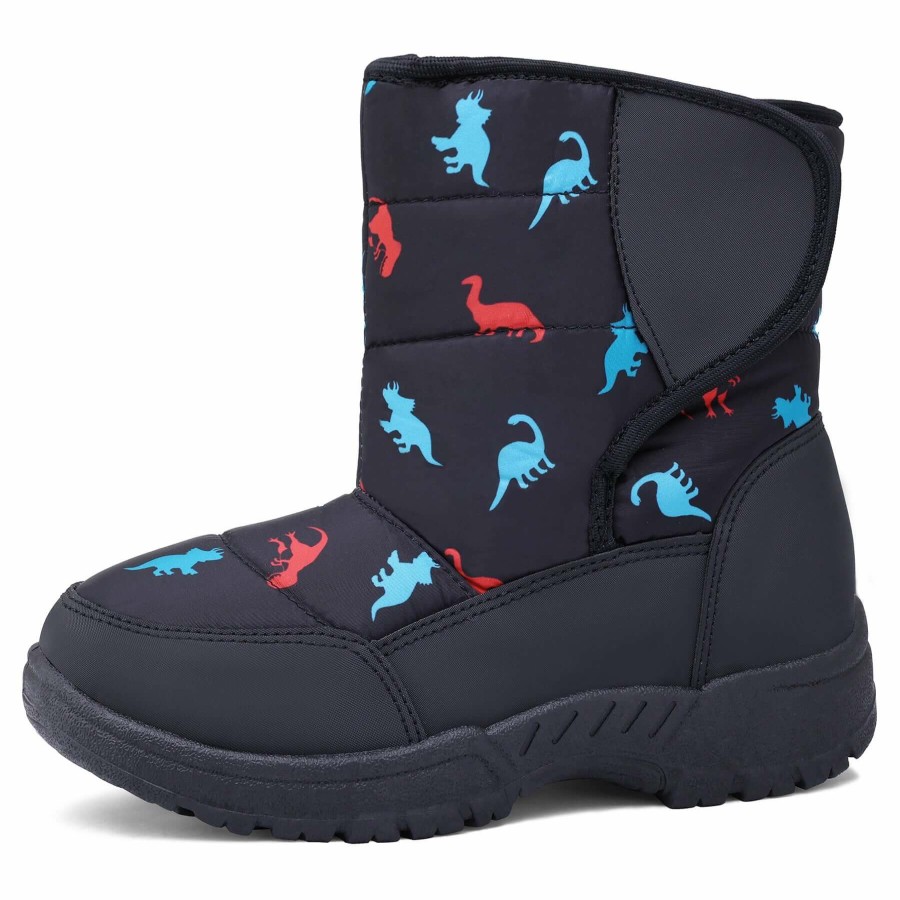 Kids my soft Dinosaur-Patterned | Red Blue Dinosaur Fur Lined Black Snow Boots