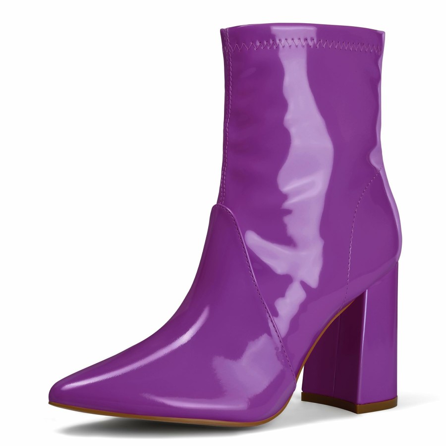 Women my soft Ankle Boots | Patent Leather Pointed Toe Block Heel Boots Bright Color