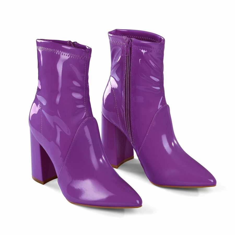 Women my soft Ankle Boots | Patent Leather Pointed Toe Block Heel Boots Bright Color