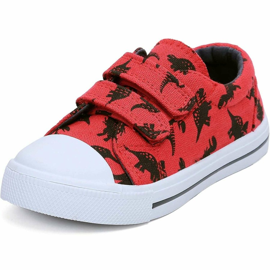 Kids my soft | Black Dinosaur Double Velcro Red Canvas Sneakers