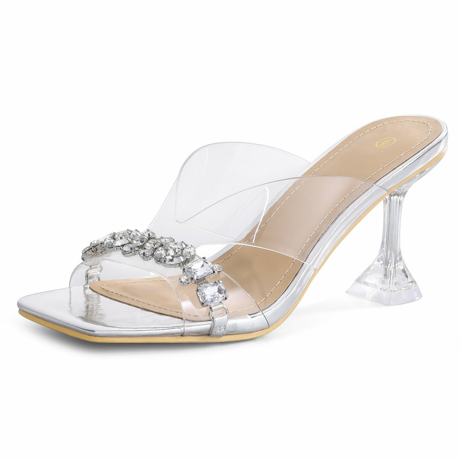 Women my soft Stiletto Heels | Transparent Silver Square Toe Rhinestone Heeled Sandals