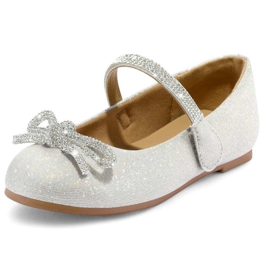 Kids my soft | Kids Dress Shoes-Rhinestone Bow Embellished Glitter Mary Jane Flats