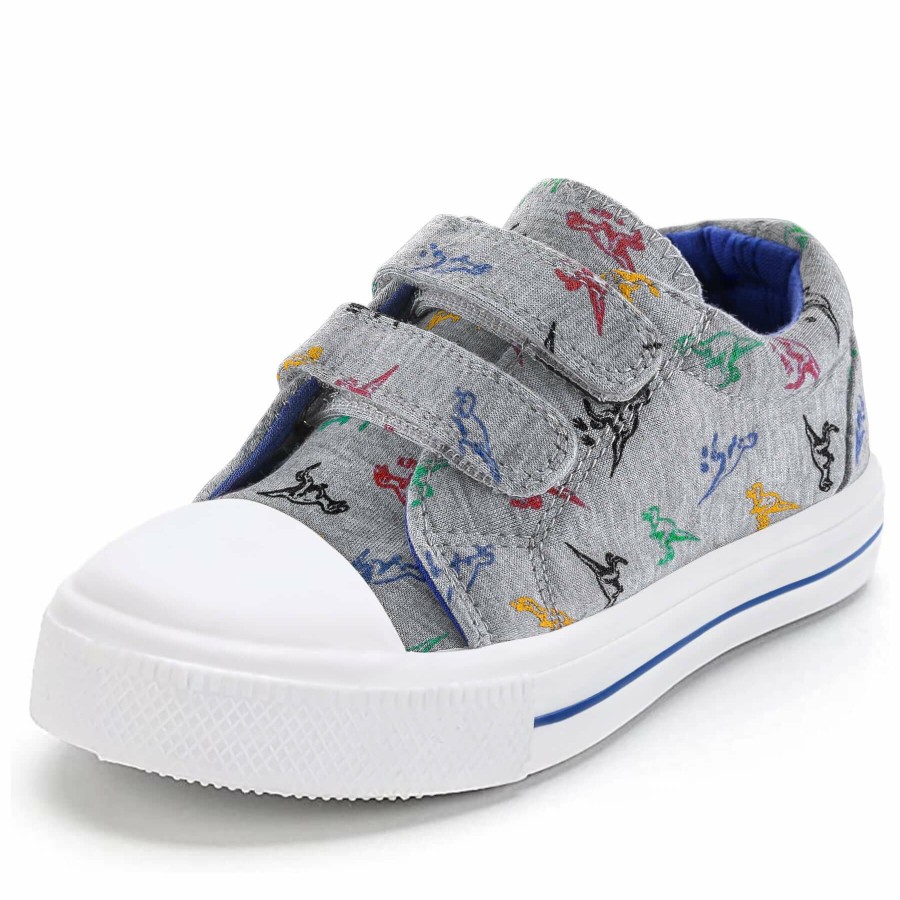 Kids my soft | Cartoon Dinosaur Double Velcro Gray Canvas Sneakers