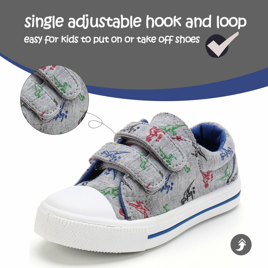 Kids my soft | Cartoon Dinosaur Double Velcro Gray Canvas Sneakers