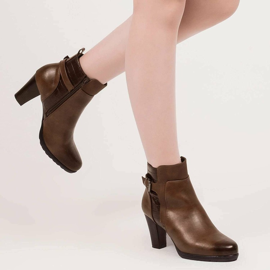 Women my soft Heeled Boots | Panel Buckle Strap Block Heel Ankle Boots