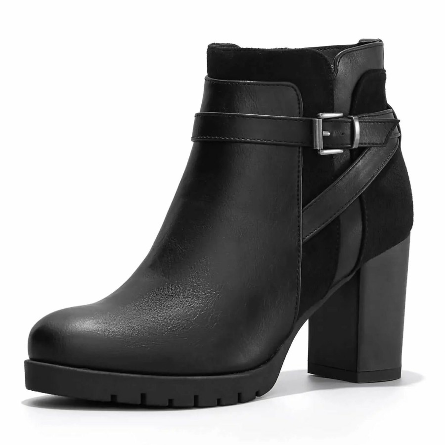 Women my soft Heeled Boots | Black Chunky High Heel Ankle Strap Boots