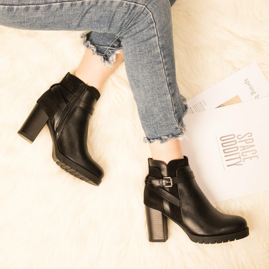 Women my soft Heeled Boots | Black Chunky High Heel Ankle Strap Boots