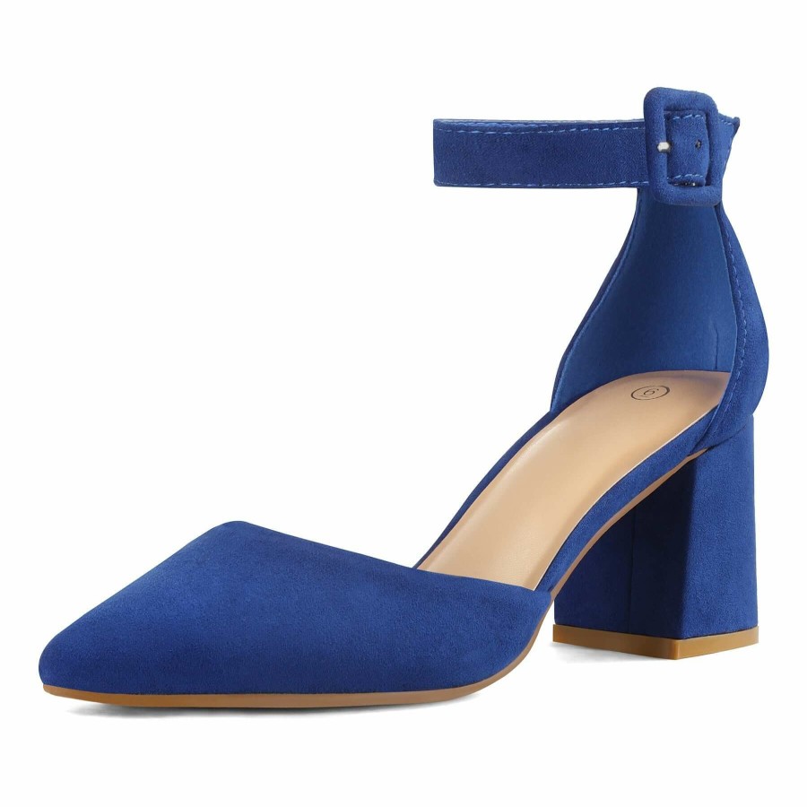 Women my soft Dress Heels | 2.5" Pointed Toe Closed Toe Ankle Strap Low Chunky Heels Blue