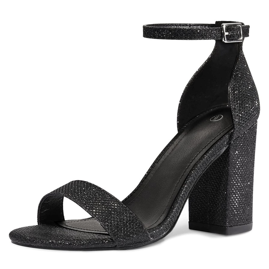 Women my soft Dress Heels | Black Glitter Open Toe Ankle Strap Block Heel Sandals