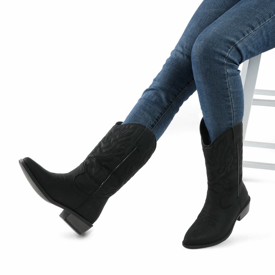 Women my soft Cowboy & Cowgirl Boots | Embroidered Mid-Calf Western Black Boots