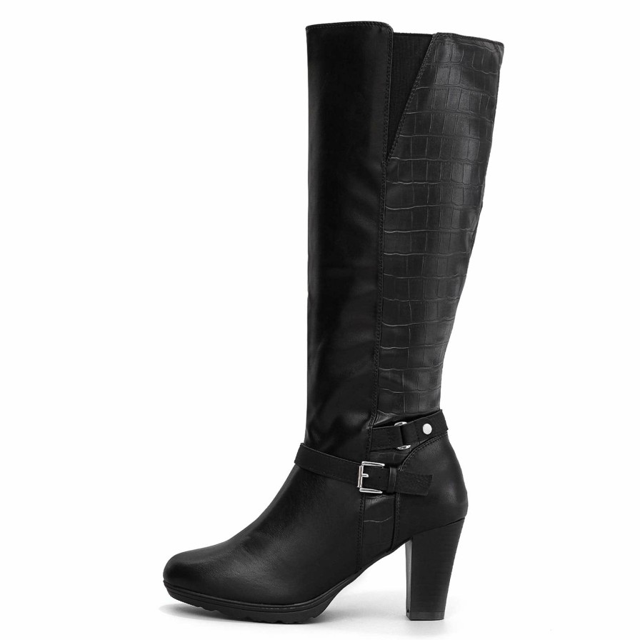 Women my soft Heeled Boots | Black Croc Wide Calf Elasticated Knee High Boots