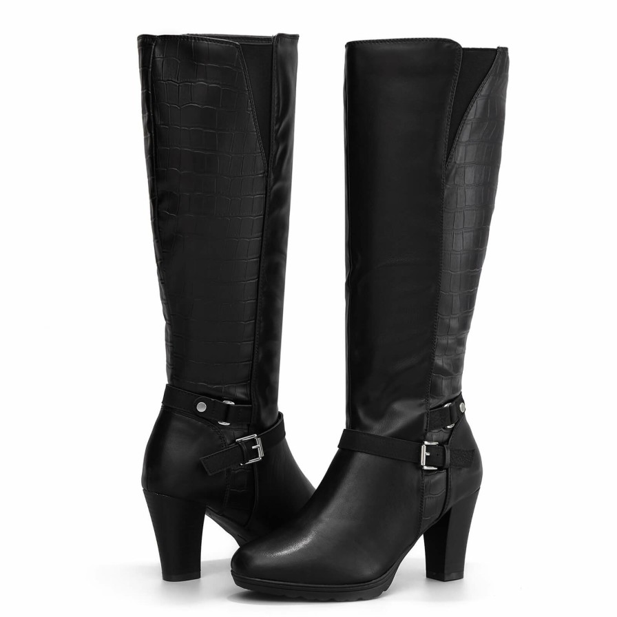 Women my soft Heeled Boots | Black Croc Wide Calf Elasticated Knee High Boots