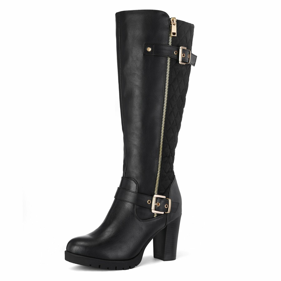 Women my soft Heeled Boots | Side Zip Metal Buckle Knee High Boots