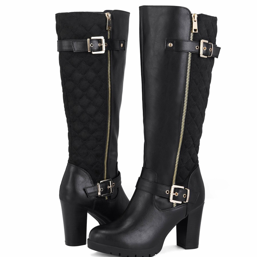 Women my soft Heeled Boots | Side Zip Metal Buckle Knee High Boots