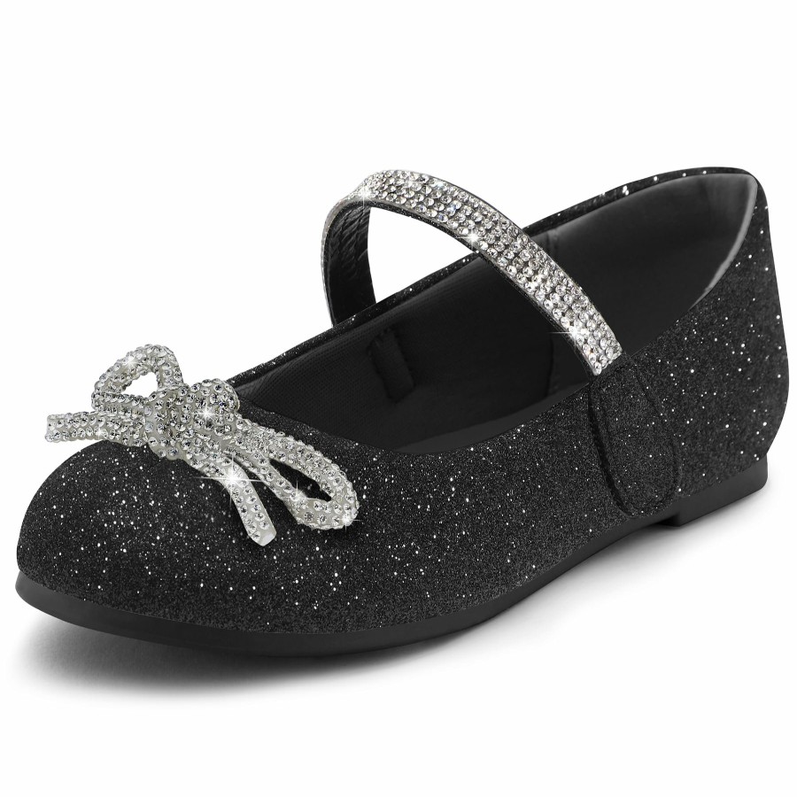 Kids my soft | Kids Dress Shoes-Black Glitter Mary Janes With Diamond Bow