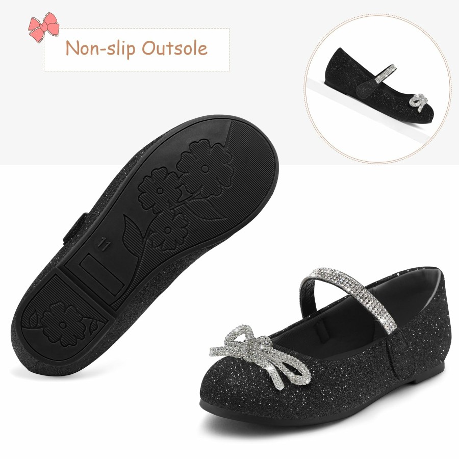 Kids my soft | Kids Dress Shoes-Black Glitter Mary Janes With Diamond Bow