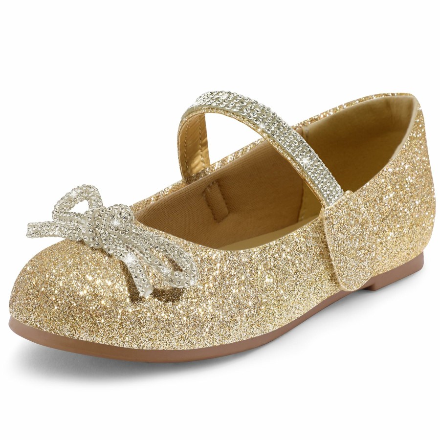 Kids my soft | Kids Dress Shoes-Gold Glitter Mary Janes With Diamond Bow