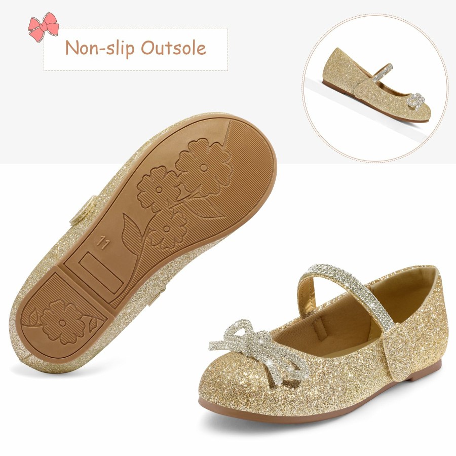 Kids my soft | Kids Dress Shoes-Gold Glitter Mary Janes With Diamond Bow