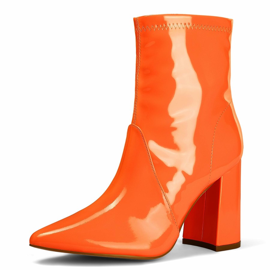 Women my soft Heeled Boots | Patent Leather Pointed Toe Block Heel Boots Bright Color