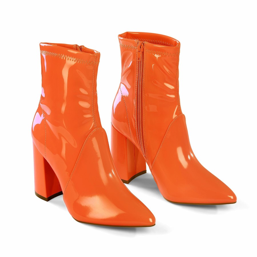 Women my soft Heeled Boots | Patent Leather Pointed Toe Block Heel Boots Bright Color