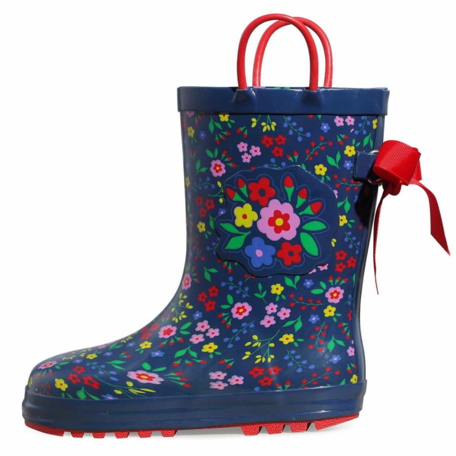 Kids my soft | Floral Print 3D Bow Navy Kids Rain Boots